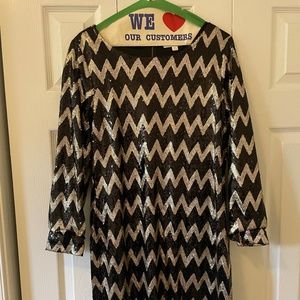 Black and gold sequined, lined midi dress